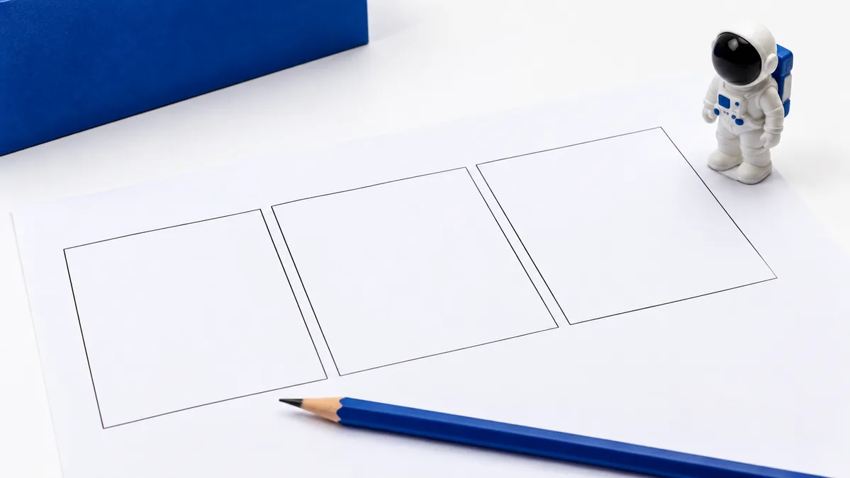 Blank storyboard panels and a miniature astronaut on a white desk.