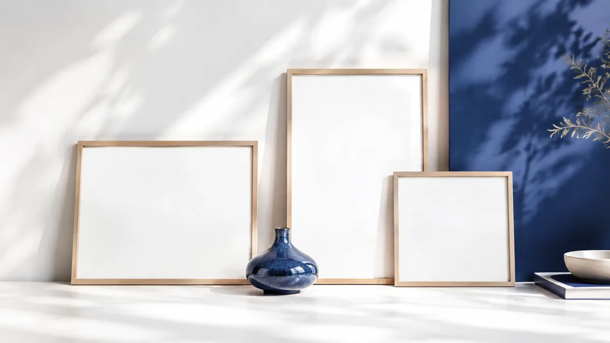 Landscape, portrait and square frames around a blue vase.